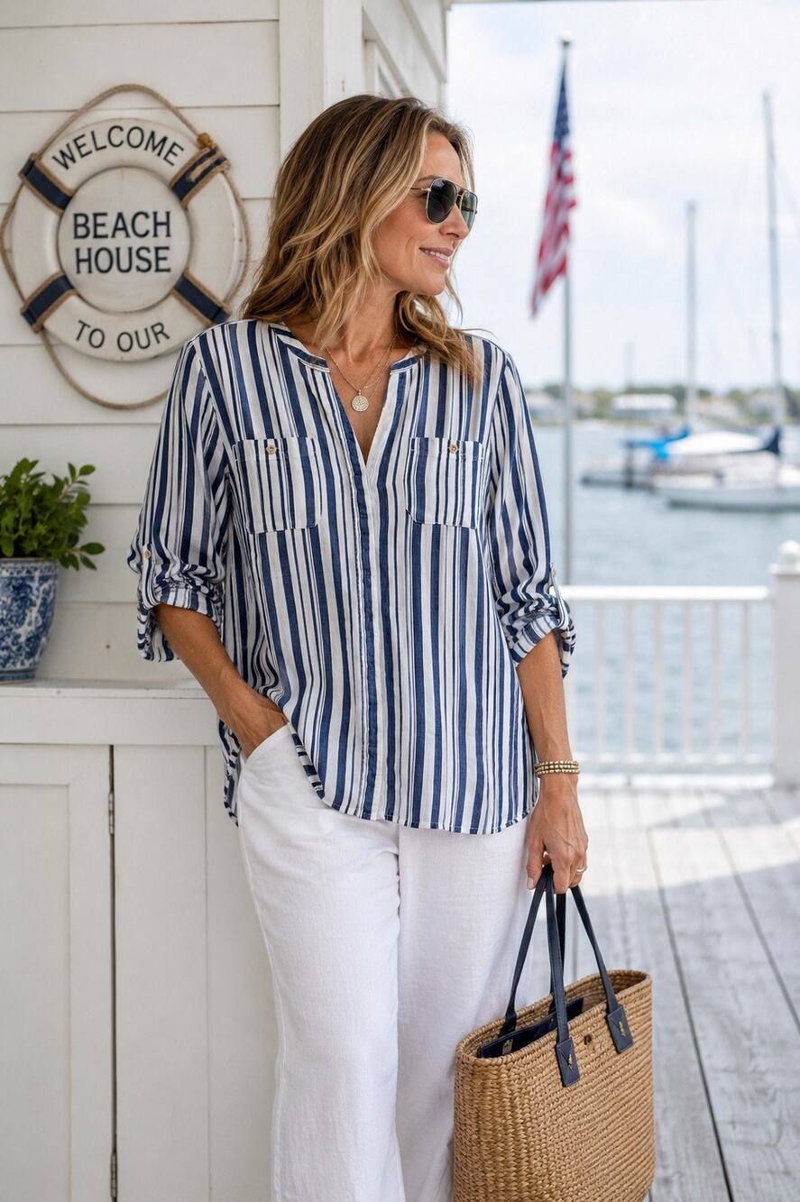 Tommy Bahama Blue White Striped Hidden Button Tencel Blouse Small